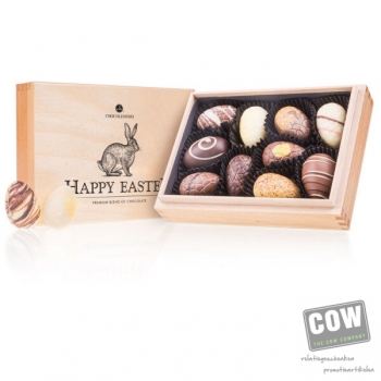 Afbeelding van relatiegeschenk:Premiere Mini - Easter - Chocolade paaseitjes Chocolade paaseitjes in houten kistje